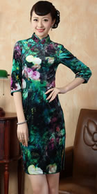 Elbow-sleeve Short-length Spray Painting Velvet Cheongsam (RM)