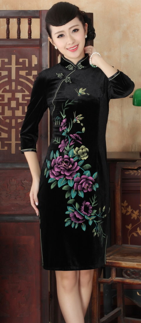 Elbow-sleeve Short-length Spray Painting Velvet Cheongsam (RM)