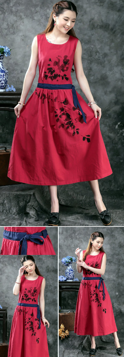 Ethnic Hand-painting Sleeveless Linen Dress (RM)