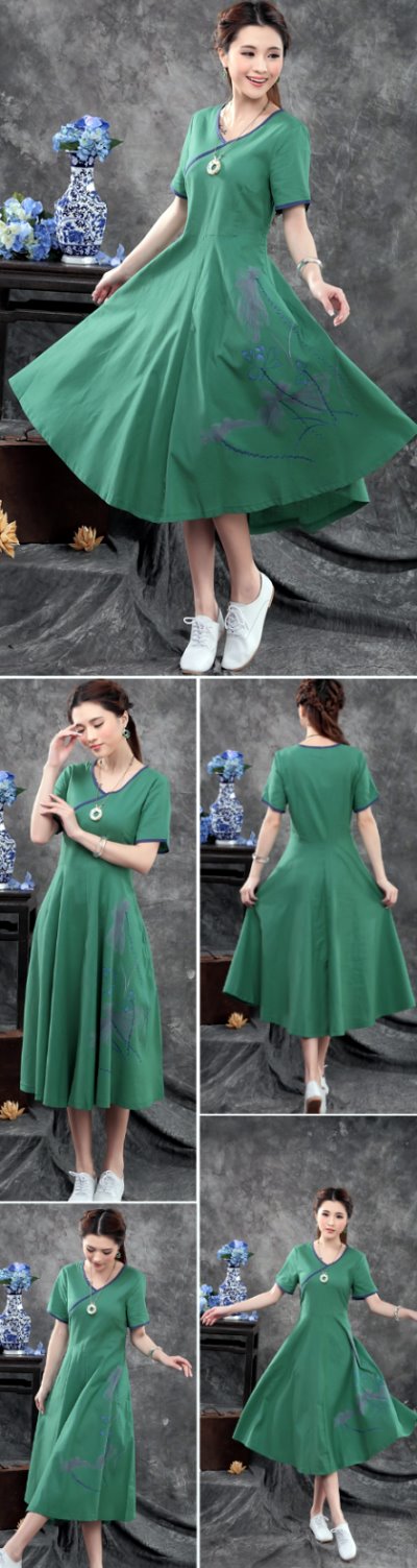 Ethnic Hand-painting Short-sleeve Linen Dress (RM)