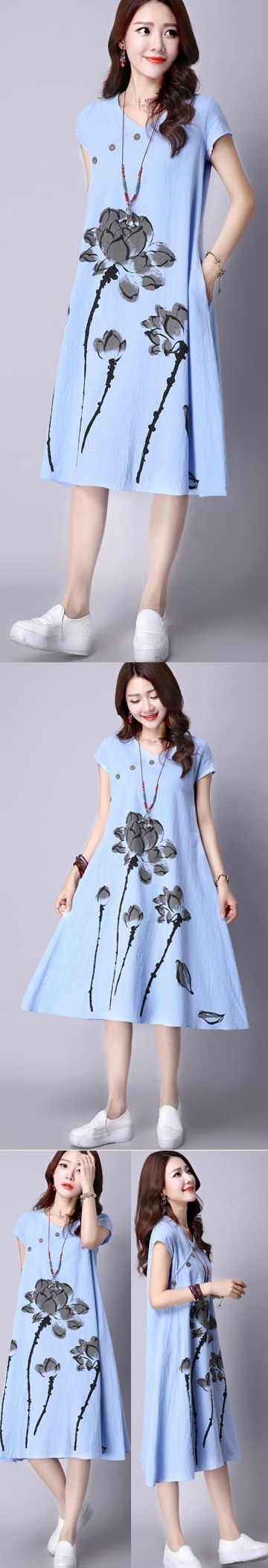 Ethnic Hand-painting Short-sleeve Linen Dress (RM)