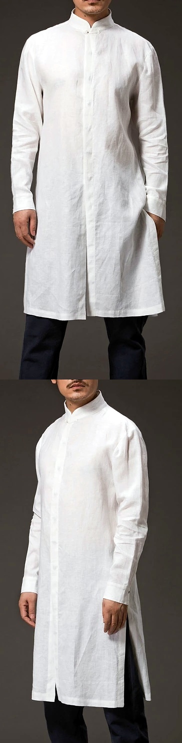 Standing Collar Linen Cotton Long Coat (CM)