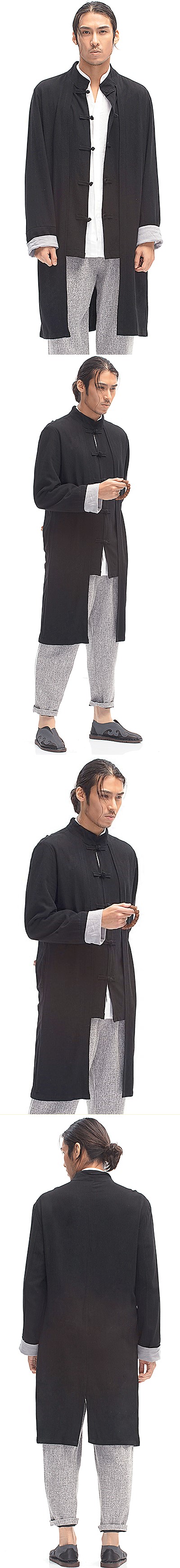 Standing Collar Linen Faux-2-piece Coat (RM)