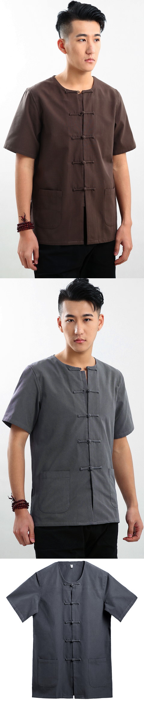 Mandarin Short-sleeve Plain Cotton Shirt (RM)