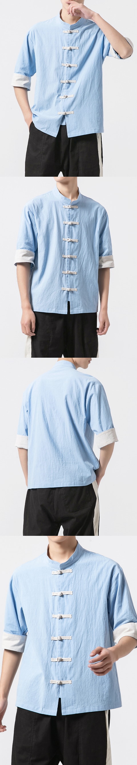 Chic Mandarin Elbow-length Folding-sleeve Cotton Shirt (RM/CM)