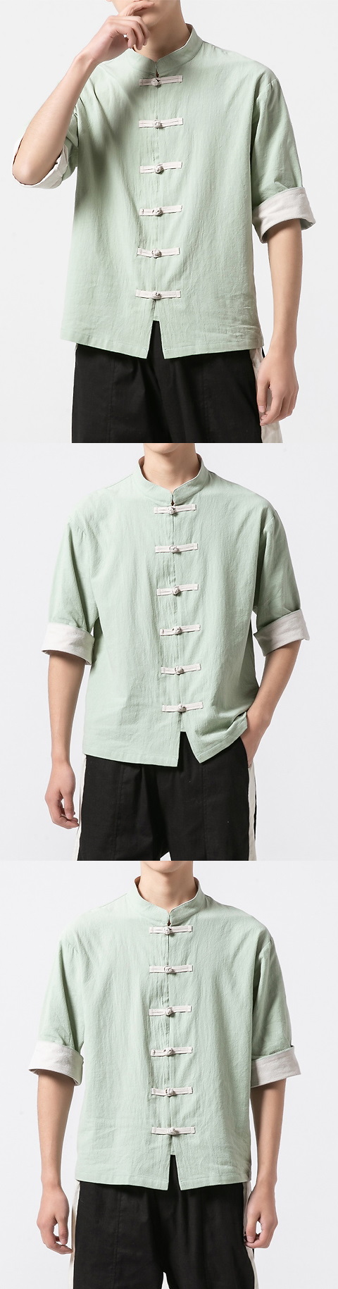 Chic Mandarin Elbow-length Folding-sleeve Cotton Shirt (RM/CM)