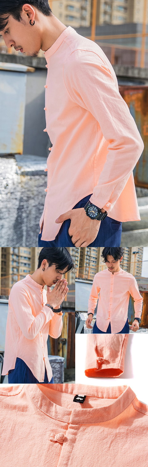 Chic Linen Long-sleeve Mandarin Shirt (RM)