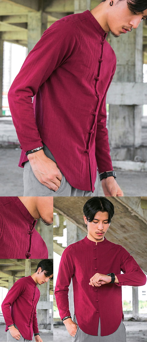 Chic Linen Long-sleeve Mandarin Shirt (RM)