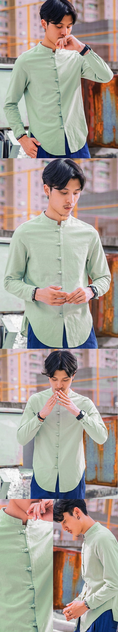 Chic Linen Long-sleeve Mandarin Shirt (RM)