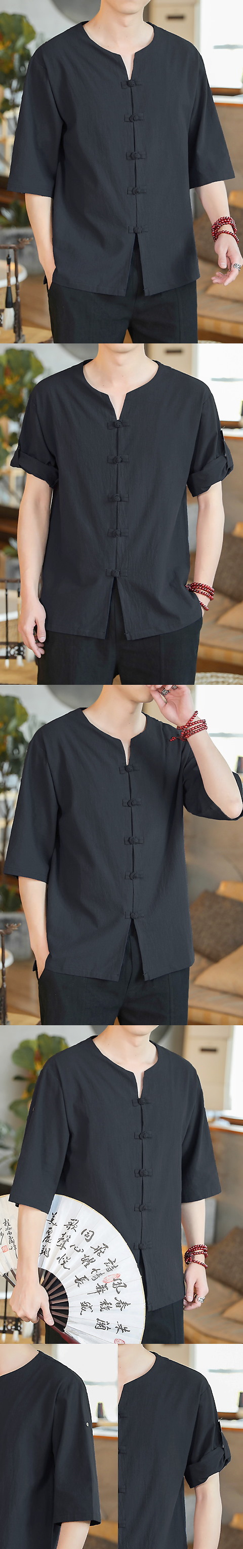 Chic Mandarin Elbow-length Folding-sleeve Cotton Shirt (RM)