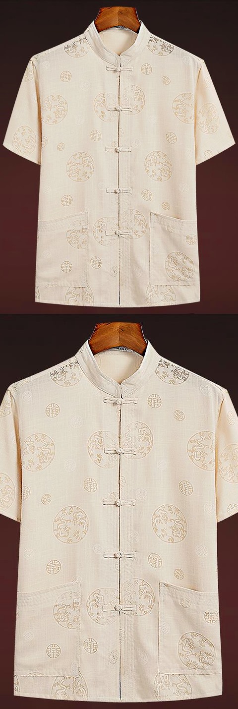 Dual-dragon Linen Short-sleeve Mandarin Shirt (RM)