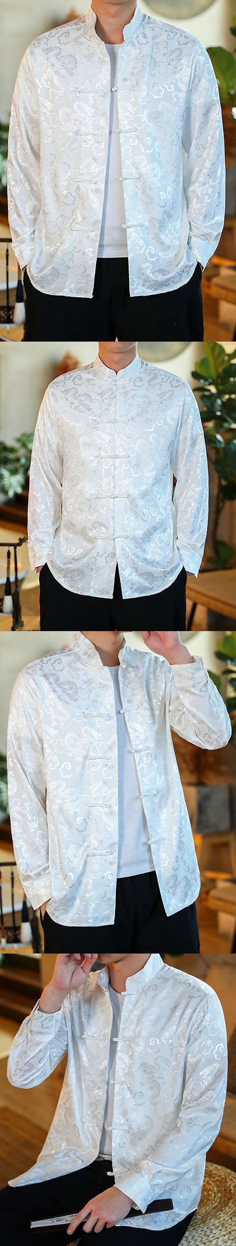 Dragon Embroidery Jacquard Long-sleeve Mandarin Top (RM)