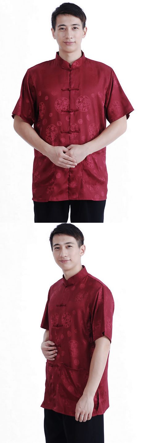 Short-sleeve Huddling Dragons Mandarin Shirt - Dark Red (RM)