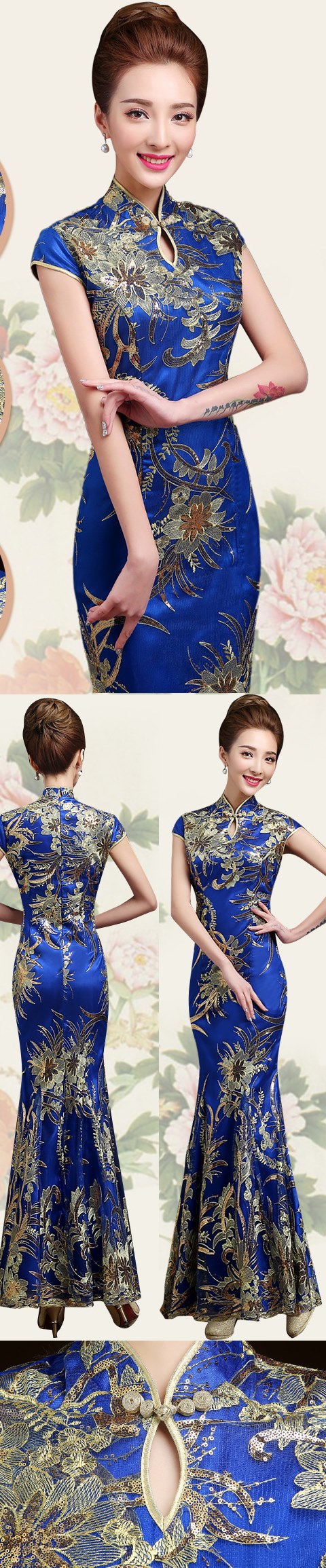 Cup-sleeve Long-length Evening-dress Cheongsam - Dk Blue (RM)