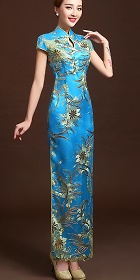 Cup-sleeve Long-length Evening-dress Cheongsam - Blue (RM)