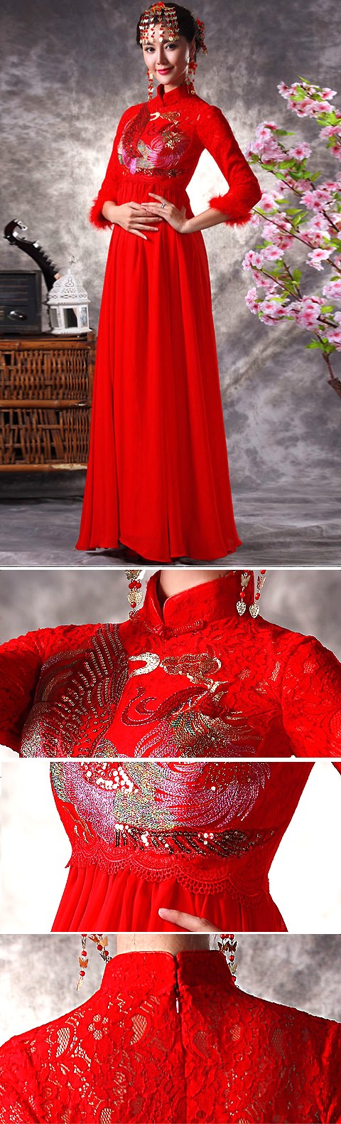 3/4-sleeve Long-length Bridal Cheongsam (RM)