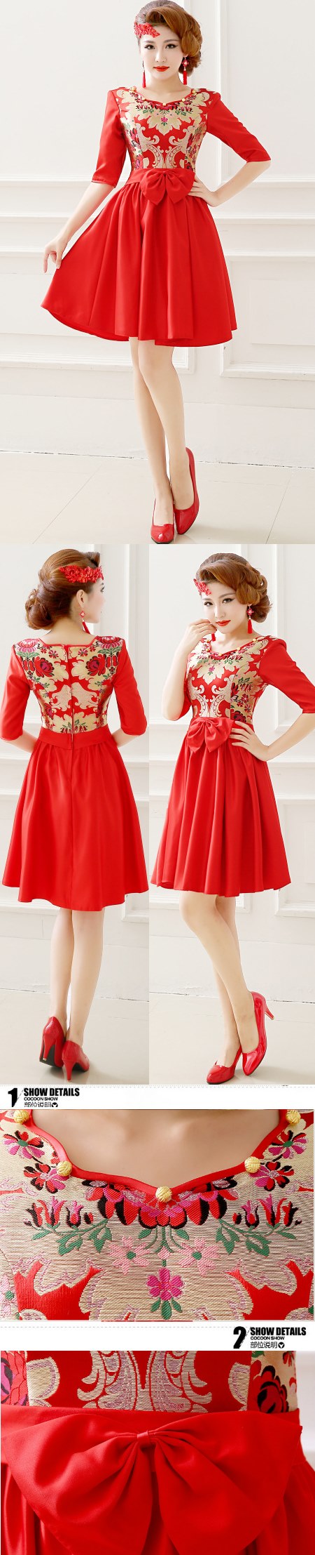 Elbow-sleeve Short-length Embroidery Bridal Cheongsam (RM)
