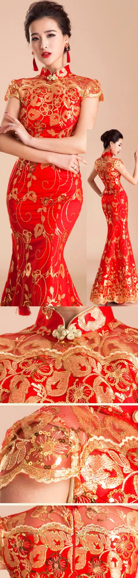 Cup-sleeve Long-length Bridal Cheongsam (CM)