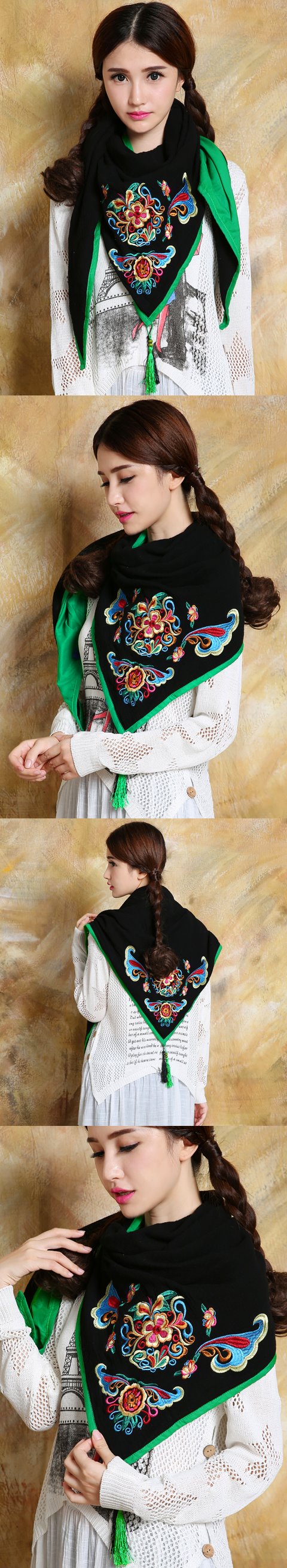 民風情多功能棉麻刺繡圍巾-黑色/綠色