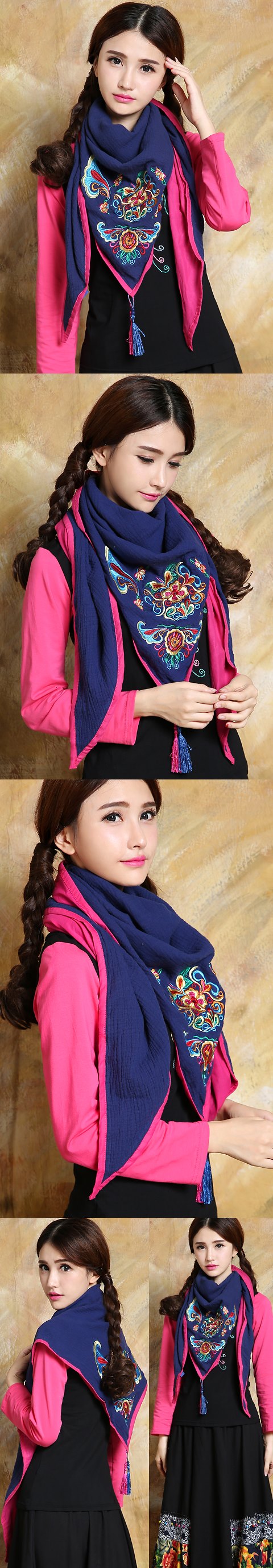 Versatile Ethnic Embroidery Cotton Linen Shawl - Blue/Fuchsia
