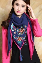 Versatile Ethnic Embroidery Cotton Linen Shawl - Blue/Fuchsia