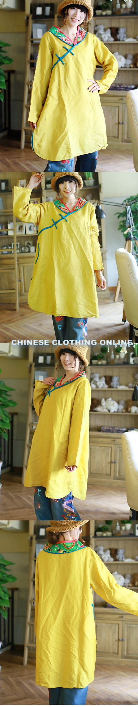 Ethnic Long-sleeve V Neckline Very Loose Dress (CM)