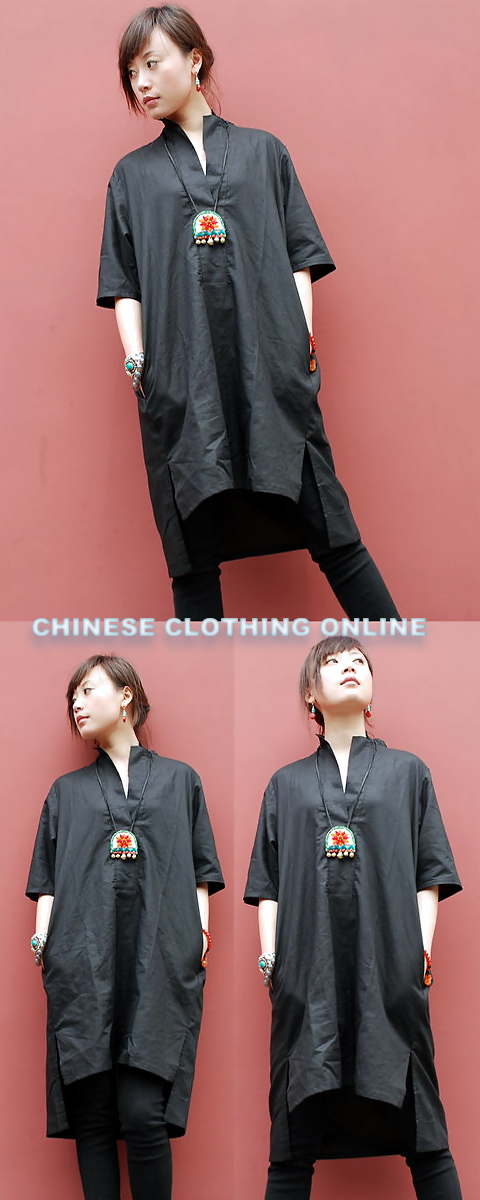 Ethnic Mid-Sleeve Standing Collar Dress (CM)