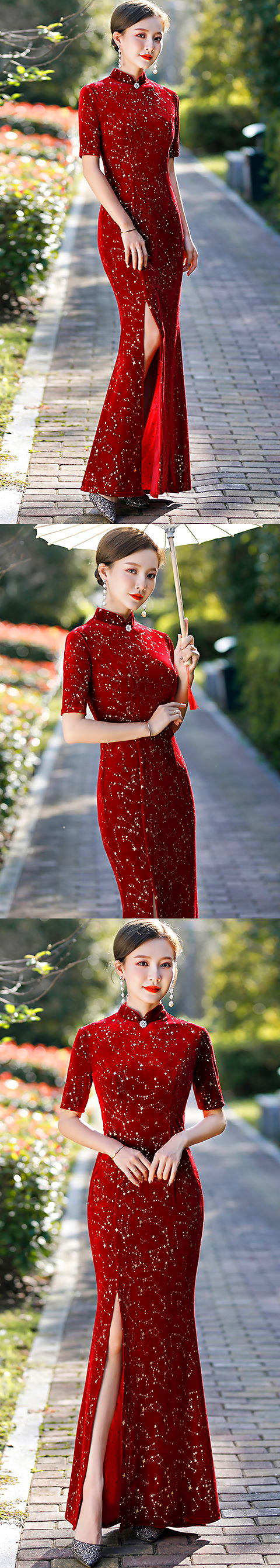 Long-length Fishtail Velvet Cheongsam (Burgundy)