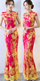 Cup-sleeve Long-length Evening-dress Cheongsam - Fuchsia (RM/CM)