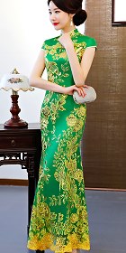 Cup-sleeve Long-length Evening-dress Cheongsam - Green (RM/CM)