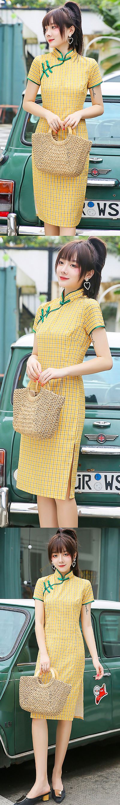Short-sleeve Mid-length Checkered Cheongsam (RM)
