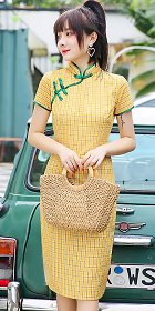 Short-sleeve Mid-length Checkered Cheongsam (RM)