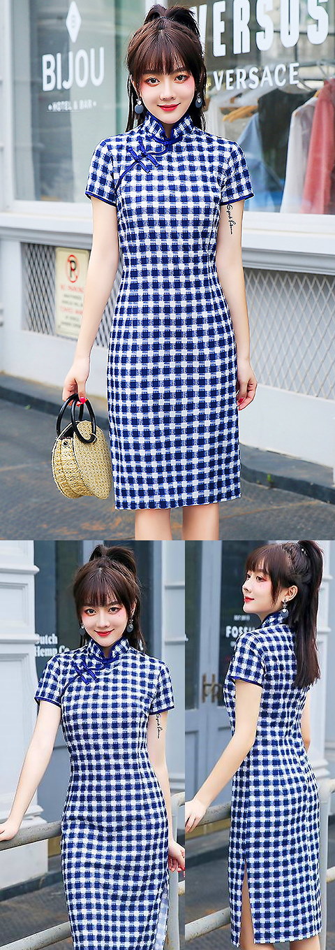 Short-sleeve Mid-length Checkered Cheongsam (RM)