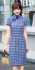 Short-sleeve Mid-length Checkered Cheongsam (RM)