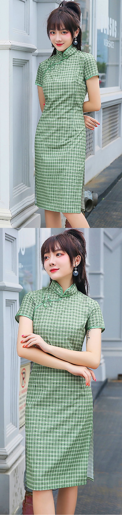 Short-sleeve Mid-length Checkered Cheongsam (RM)