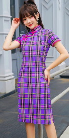 Short-sleeve Mid-length Checkered Cheongsam (RM)