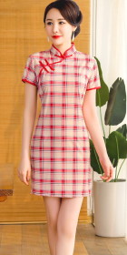 Short-sleeve Short-length Checkered Cheongsam (RM)