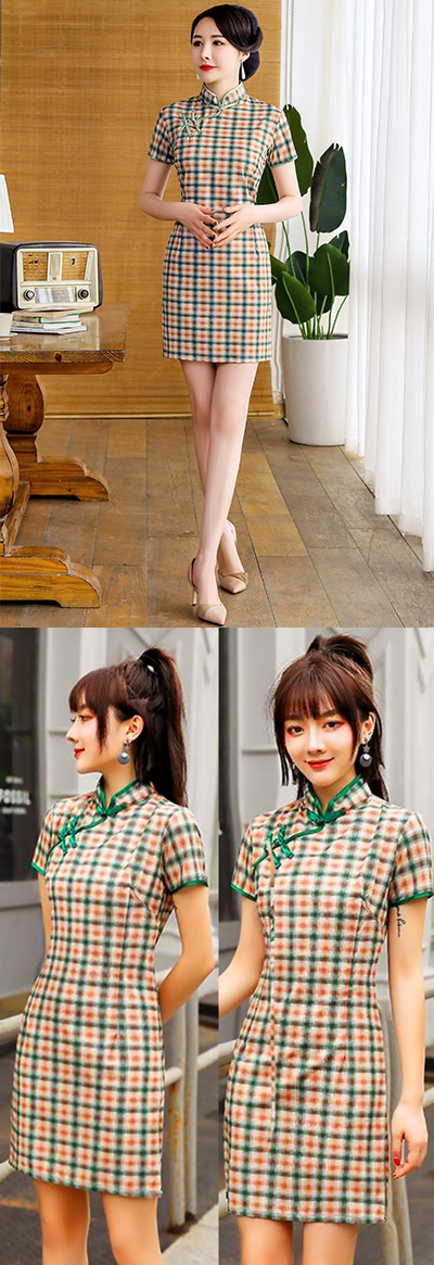 Short-sleeve Short-length Checkered Cheongsam (RM)