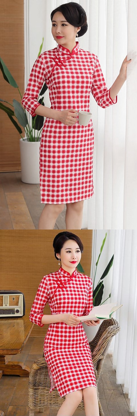 3/4-sleeve Mid-length Checkered Cheongsam (RM)