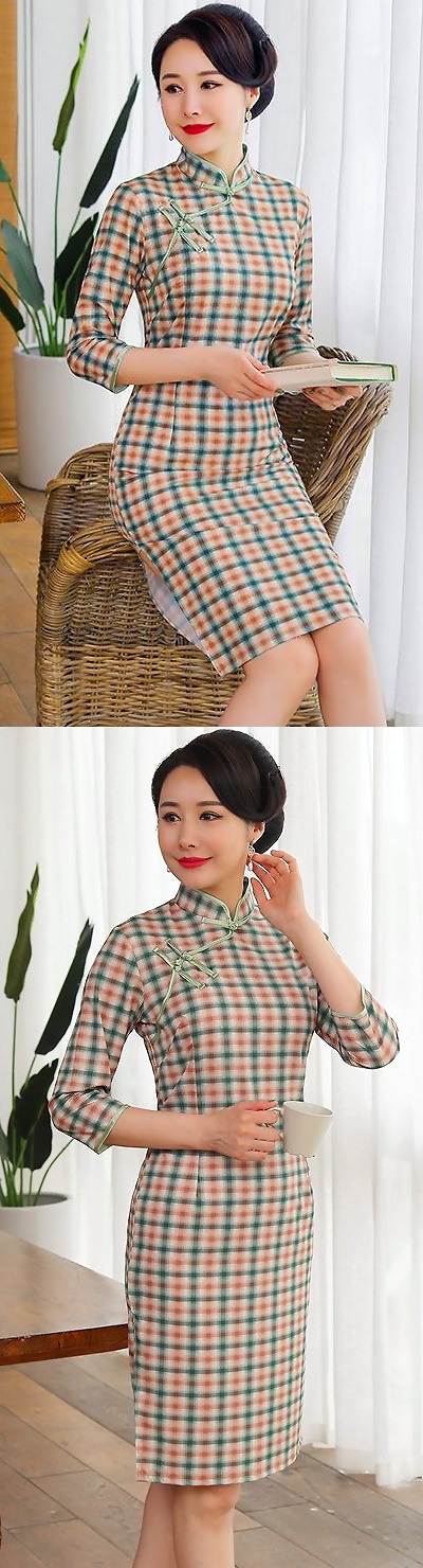 3/4-sleeve Mid-length Checkered Cheongsam (RM)