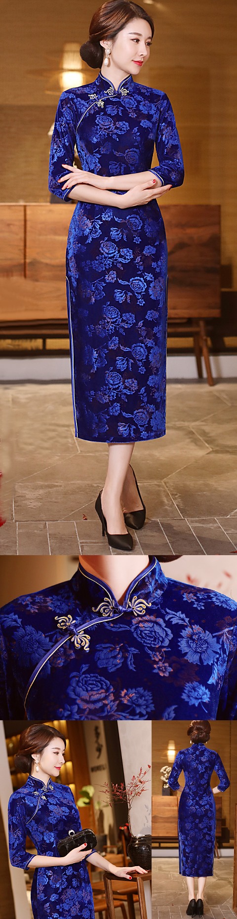 Elbow-sleeve Long-length Velvet Cheongsam (RM)