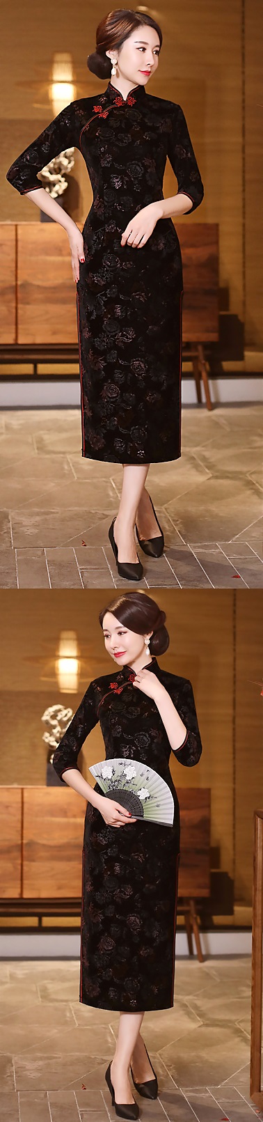 Elbow-sleeve Long-length Velvet Cheongsam (RM)