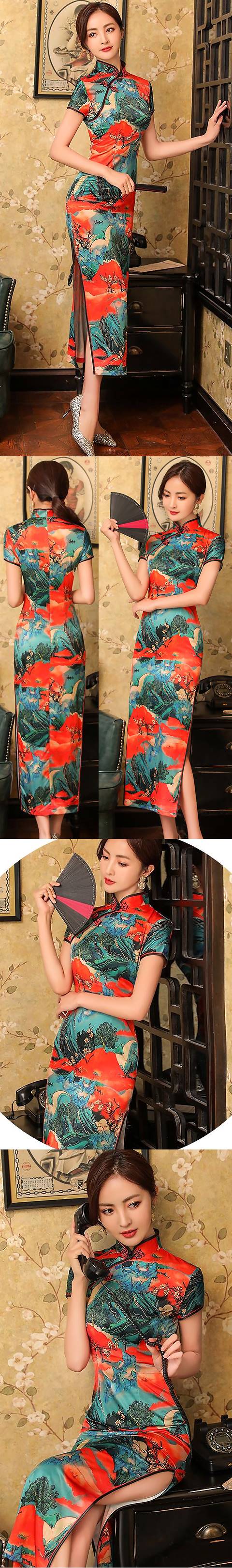 Long-length Silk Printing Cheongsam (RM)