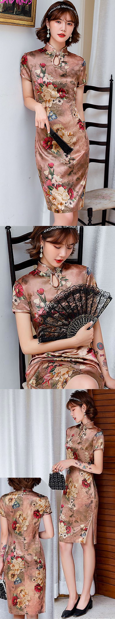 Short-sleeve Mid-length Silky Cheongsam (RM)