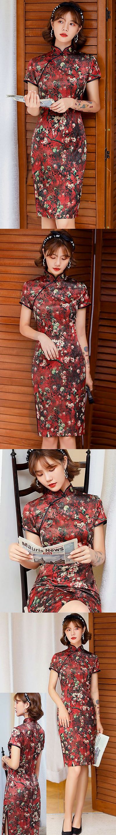 Short-sleeve Mid-length Silky Cheongsam (RM)