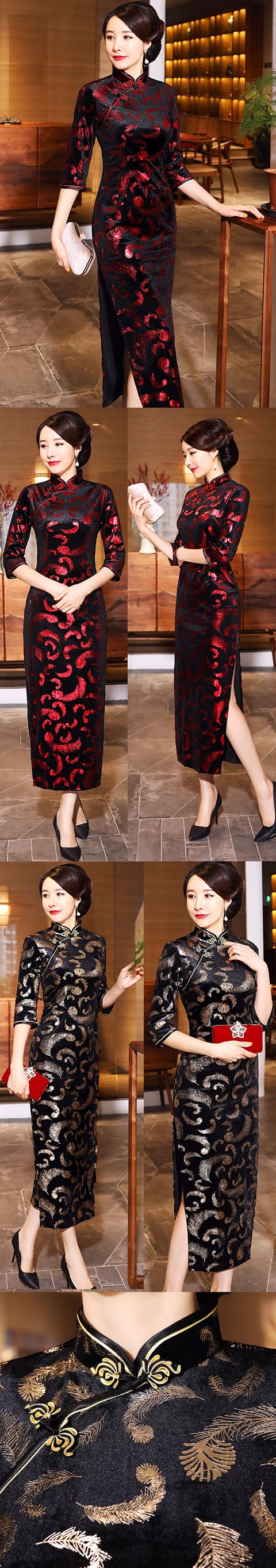 Elbow-sleeve Long-length Velvet Cheongsam (RM)