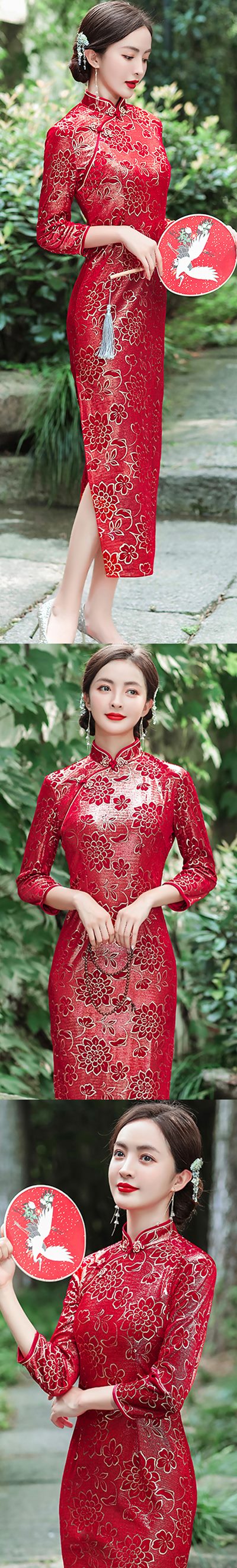 3/4-sleeve Long-length Exquisite Velvet Cheongsam (RM)