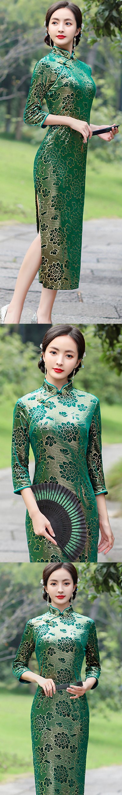 3/4-sleeve Long-length Exquisite Velvet Cheongsam (RM)