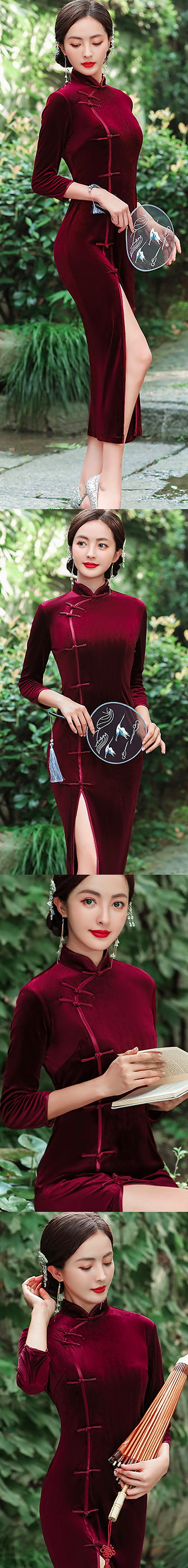3/4-sleeve Long-length Velvet Cheongsam (RM)