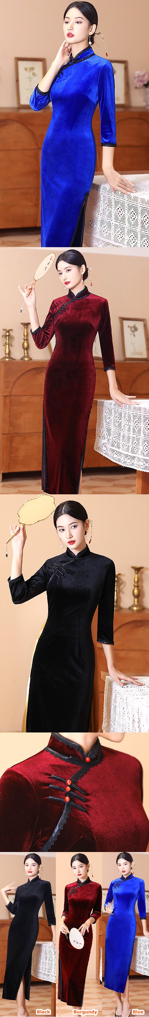 3/4-sleeve Long-length Velvet Cheongsam (RM)
